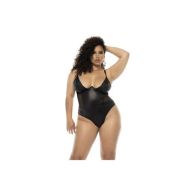 Bodystring Bibi grande taille en wetlook noir avec armatures, bretelles réglables 
